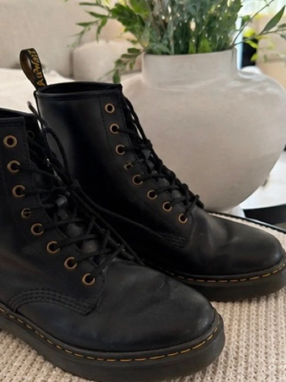 Dr. Martens Black Leather Lace-Up Boots with Yellow Stitching
